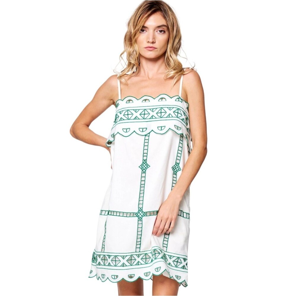 NWT Ciebon Lyndon Green Embroidered Mini Dress Sz M White